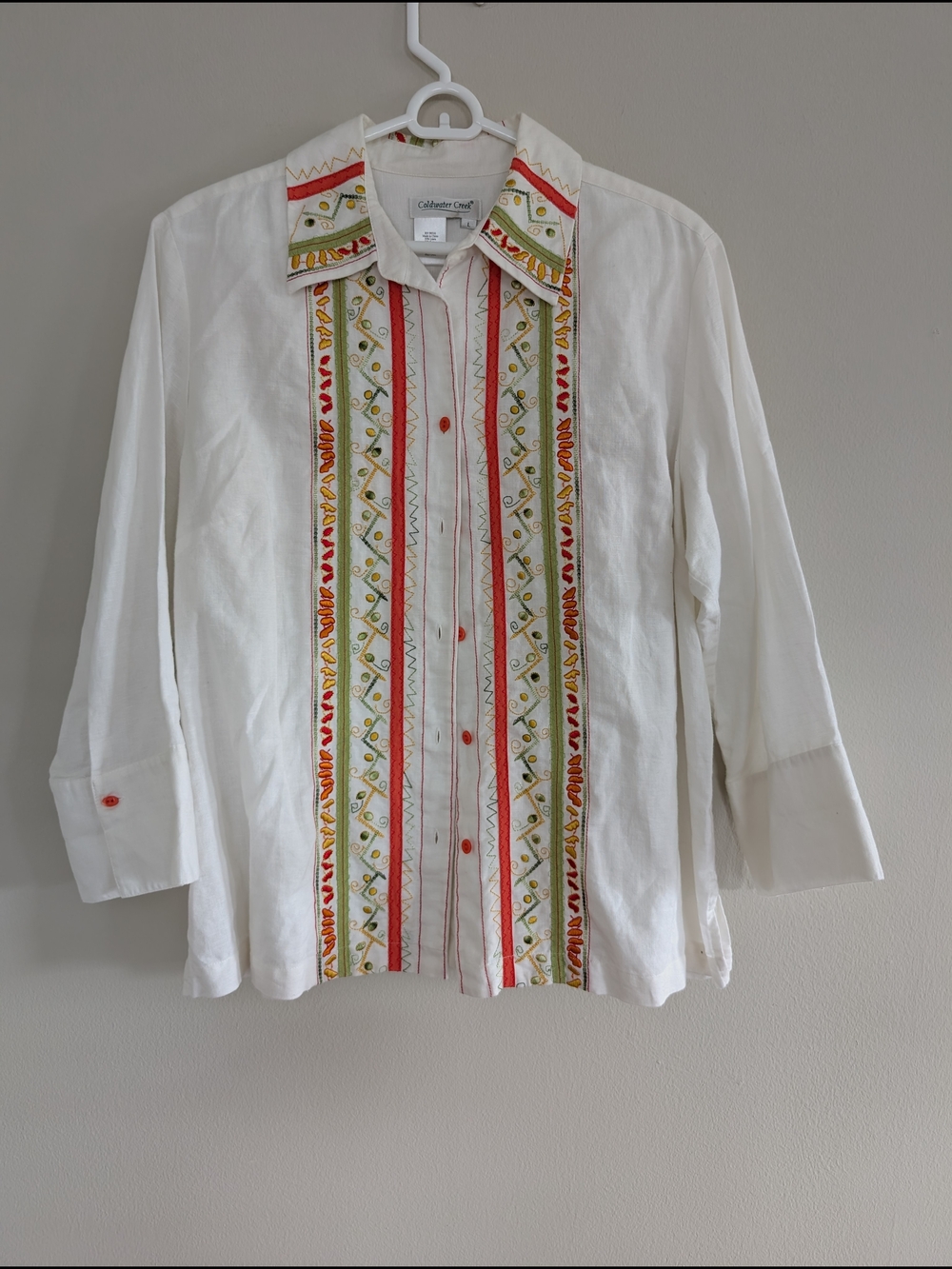 Coldwater Creek Embroidered White Button-Down Shirt Size L